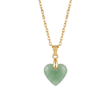 Gold necklace with a heart-shaped green pendant on a white background