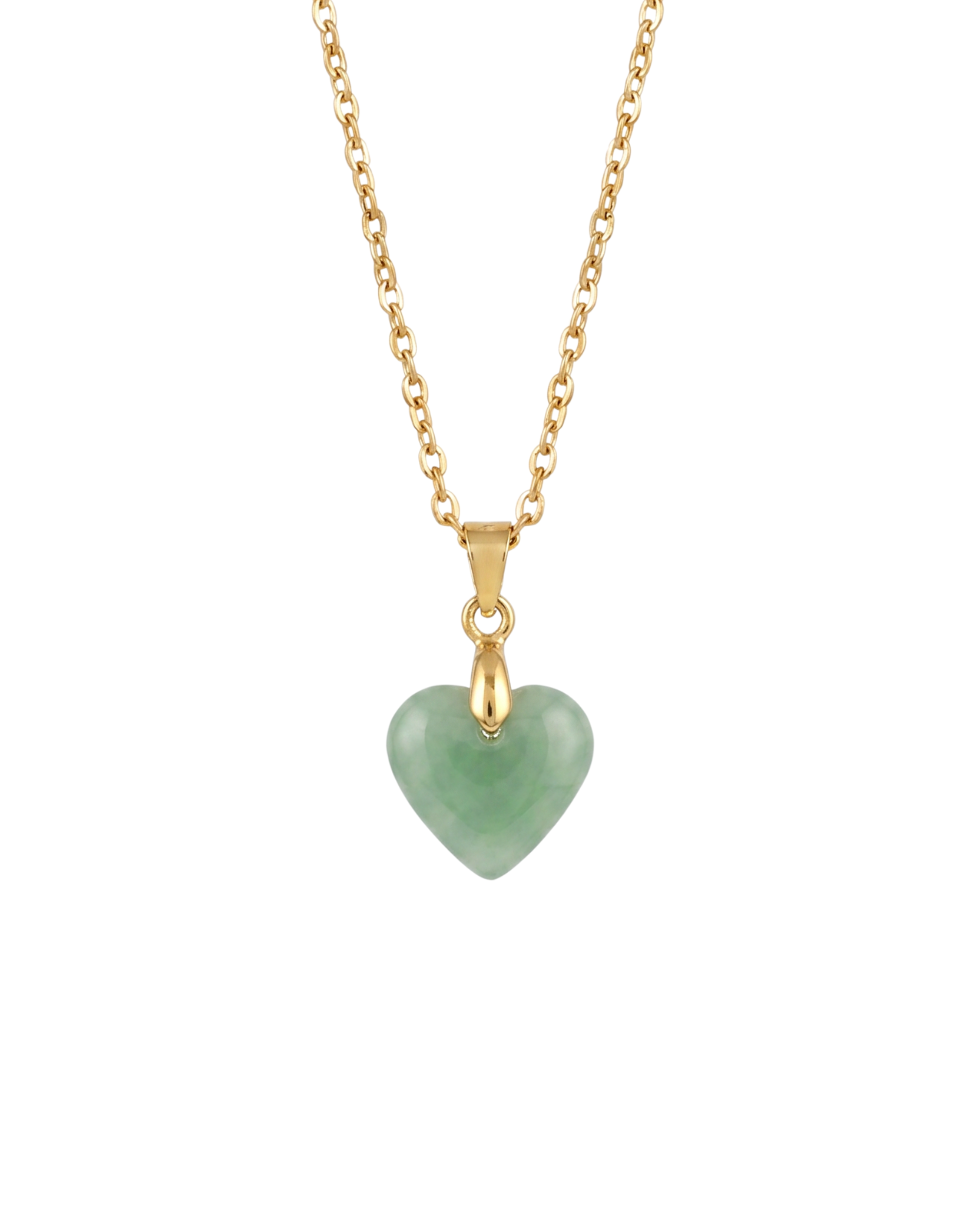 Gold necklace with a heart-shaped green pendant on a white background