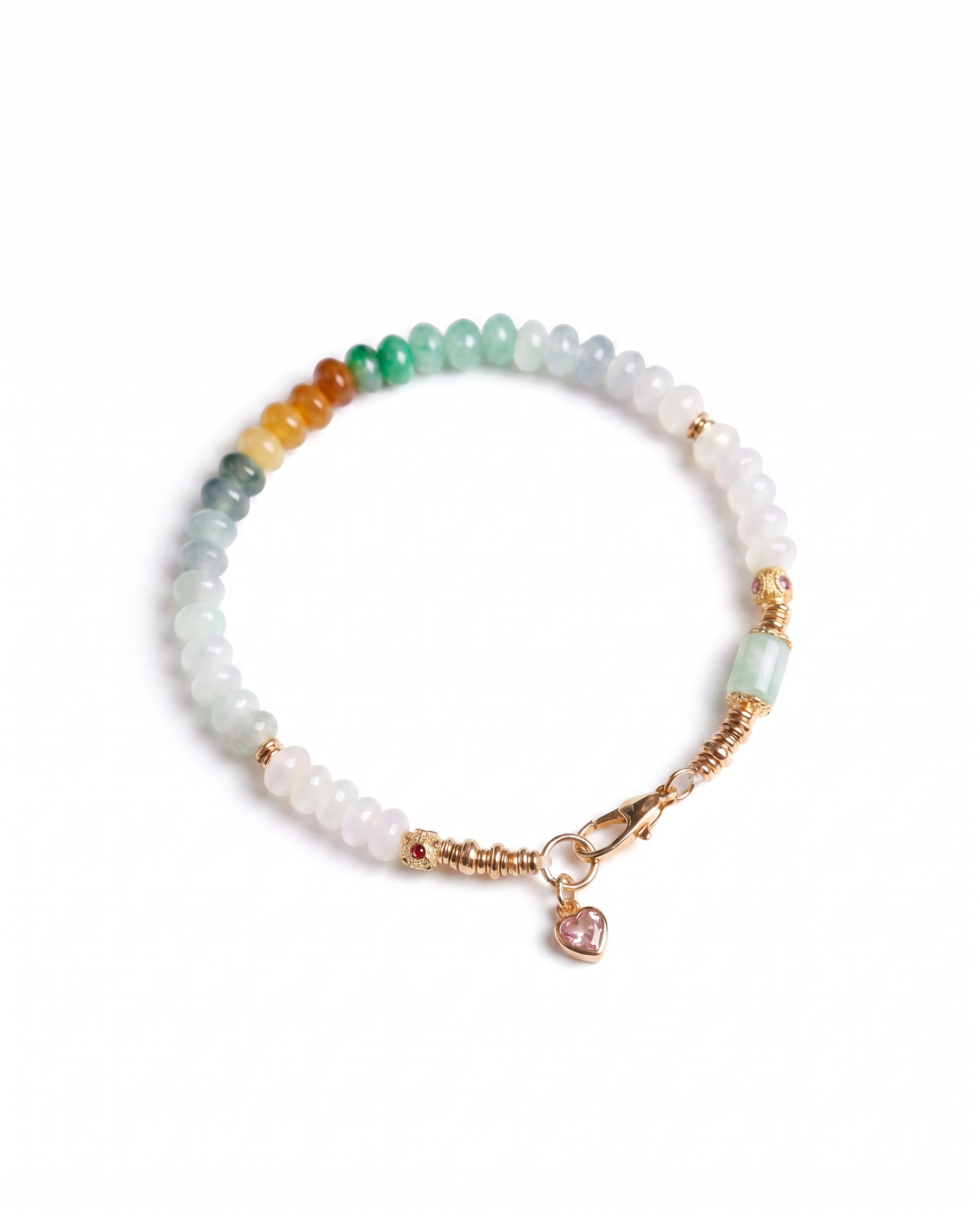 Multicolored beaded bracelet with a heart charm on a white background, top view