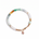 Multicolored beaded bracelet with a heart charm on a white background, top view