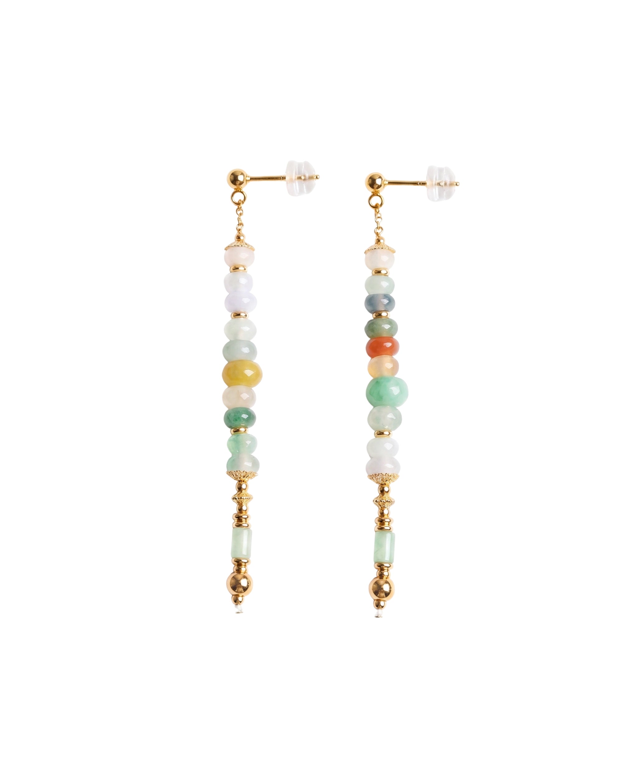 Multicolored beaded earrings on a white background
