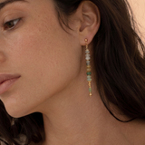 Close-up of a woman wearing a gold earring with beads.