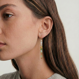 Close-up of a woman wearing beaded earrings with a neutral background