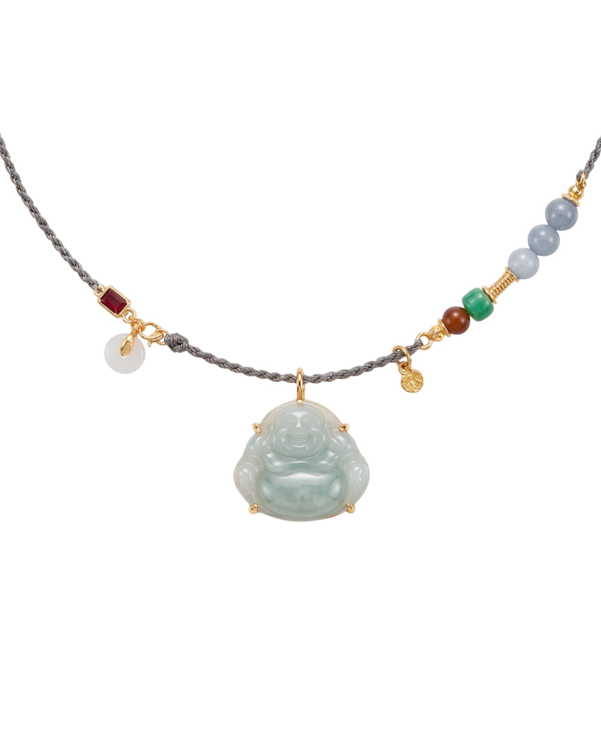 Necklace with a Buddha jade pendant on a white background