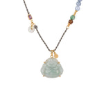 Necklace with a buddha jade pendant and multicolored beads on a white background