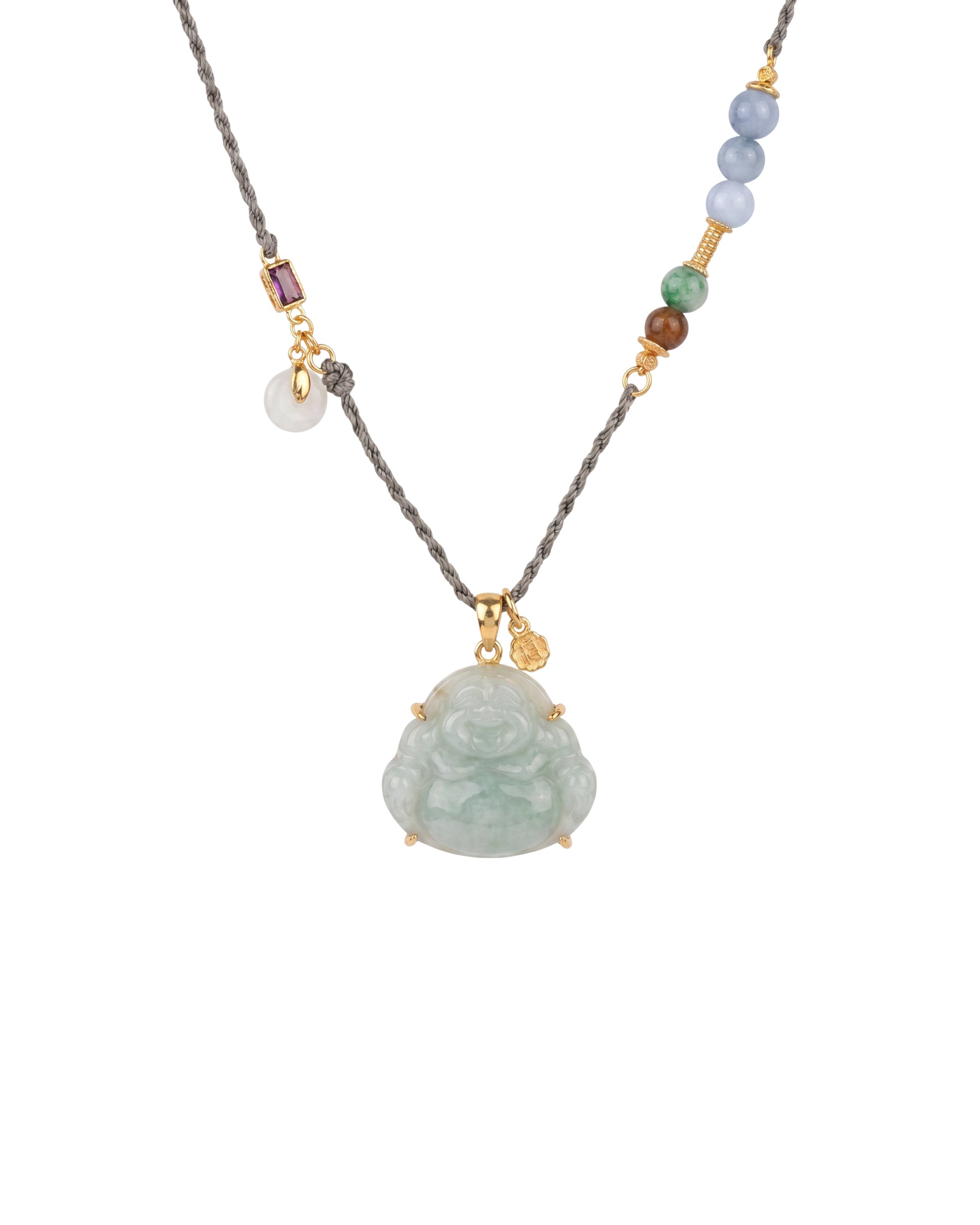 Necklace with a buddha jade pendant and multicolored beads on a white background