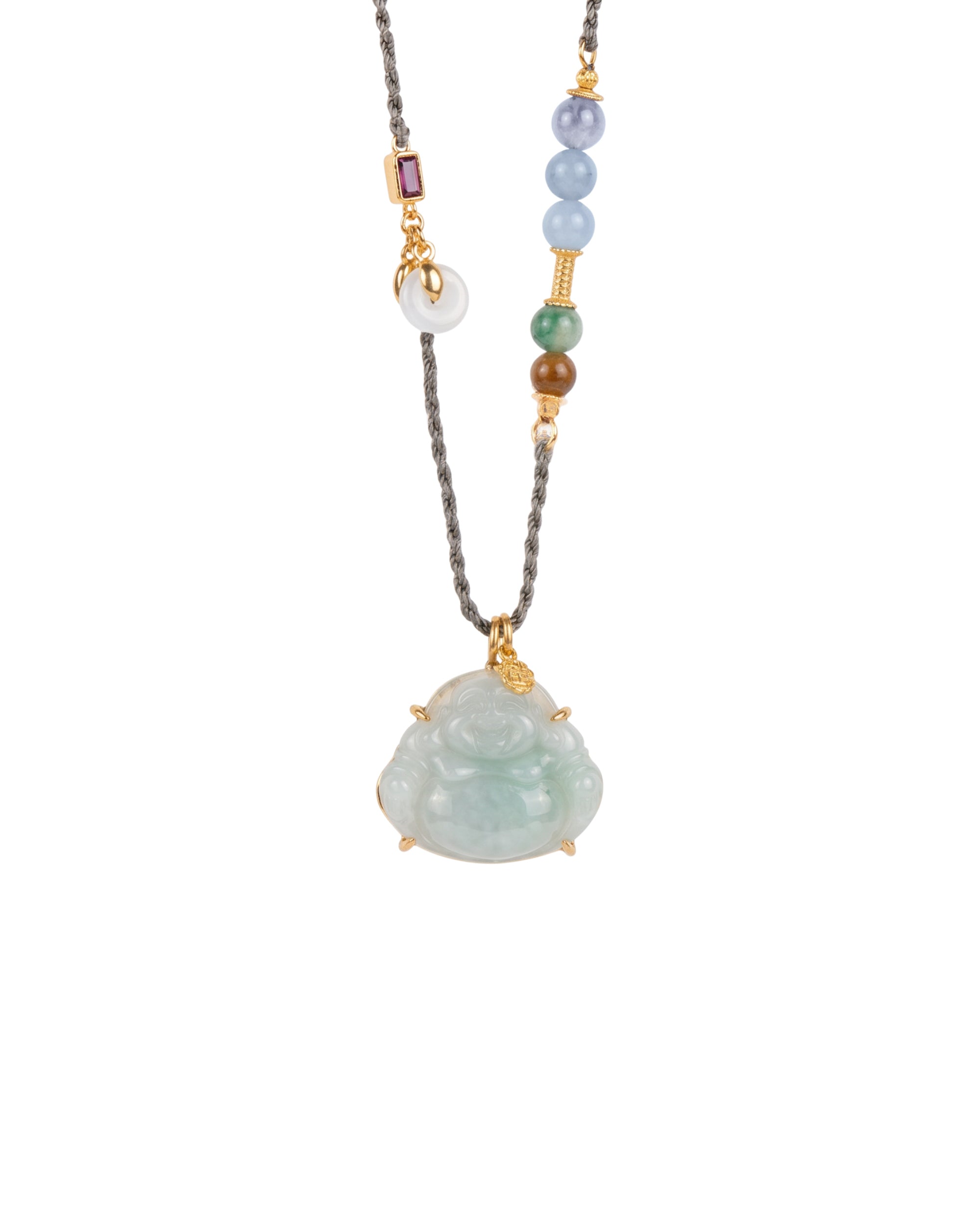 Necklace with a buddha jade pendant and multicolored beads on a white background, close-up