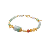 Bracelet with multicolored beads on a white background, front view