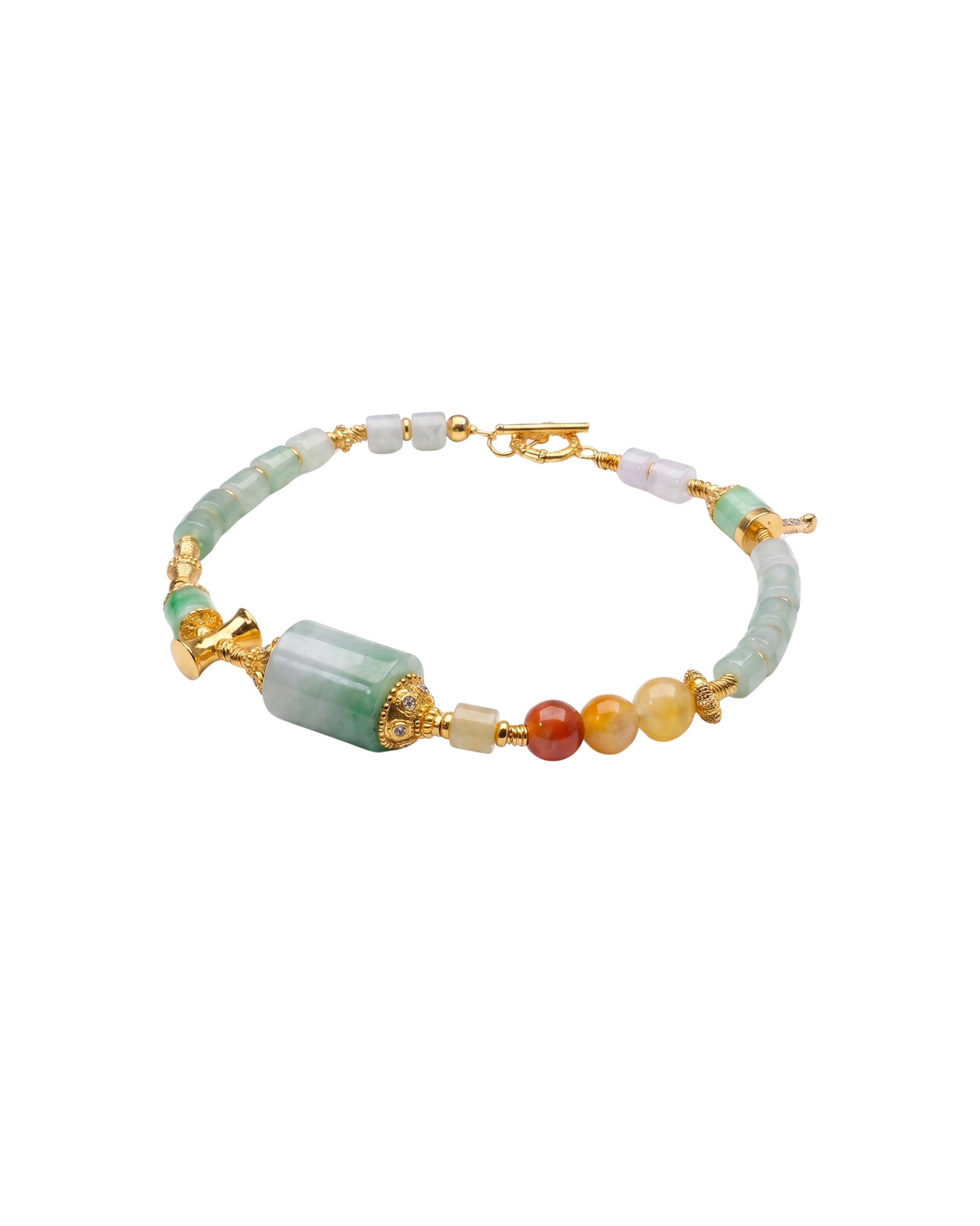 Bracelet with multicolored beads on a white background, front view