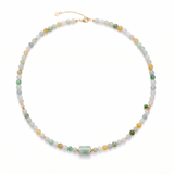 Necklace with multicolored jade beads and a jade barrel pendant on a white background, top view