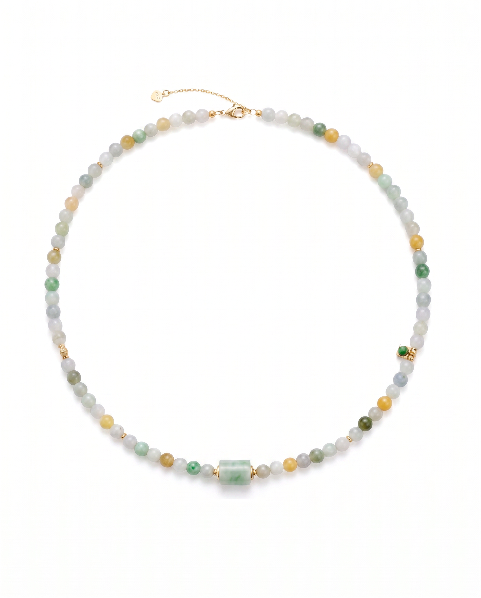 Necklace with multicolored jade beads and a jade barrel pendant on a white background, top view