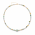 Necklace with multicolored jade beads and a jade barrel pendant on a white background, top view