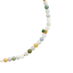 Necklace with multicolored jade beads on a white background, close-up