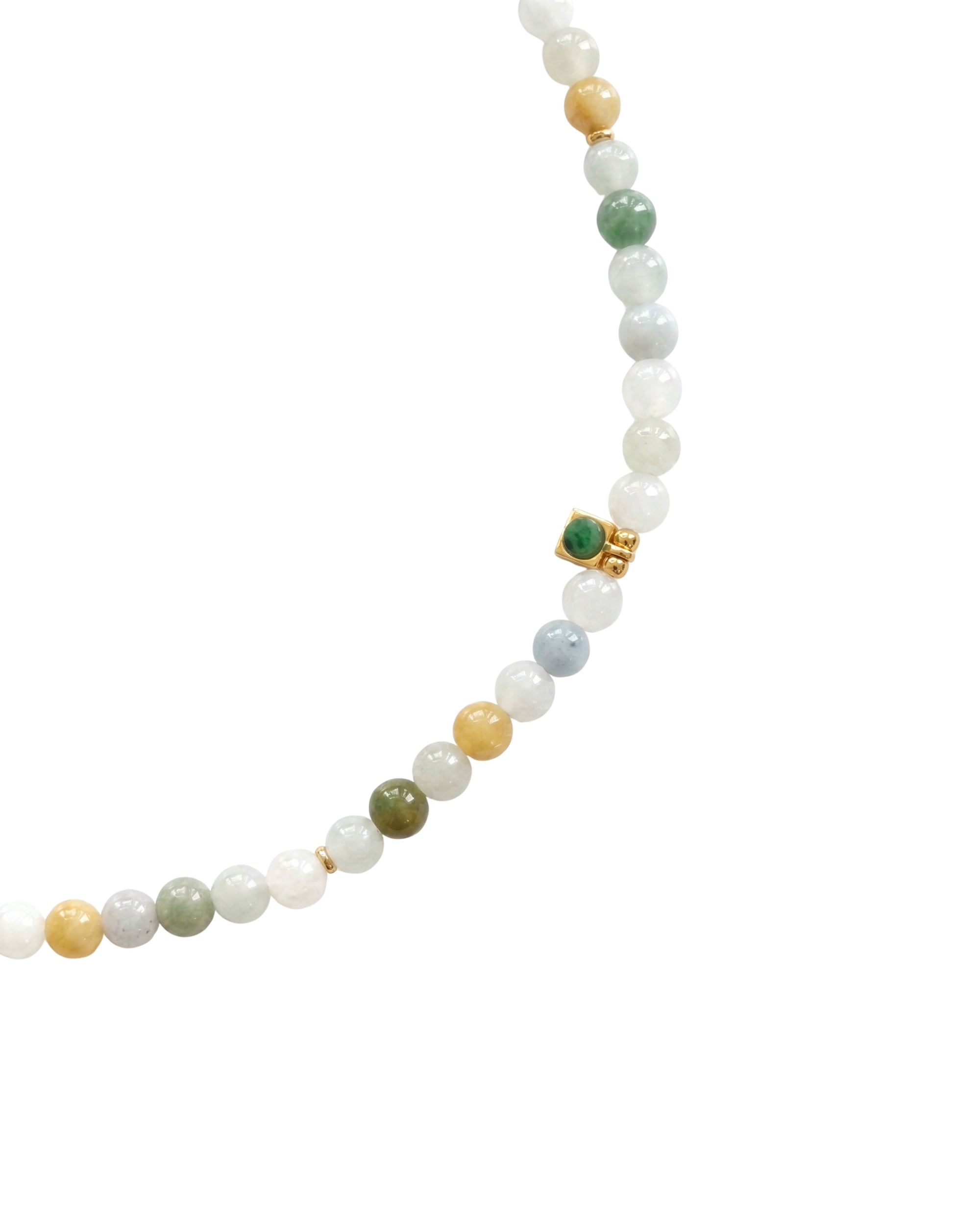 Necklace with multicolored jade beads on a white background, close-up