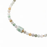 Necklace with multicolored jade beads and a jade barrel pendant on a white background, close-up