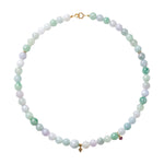 Jade bead necklace with mixed green and off-white jade stones, top view