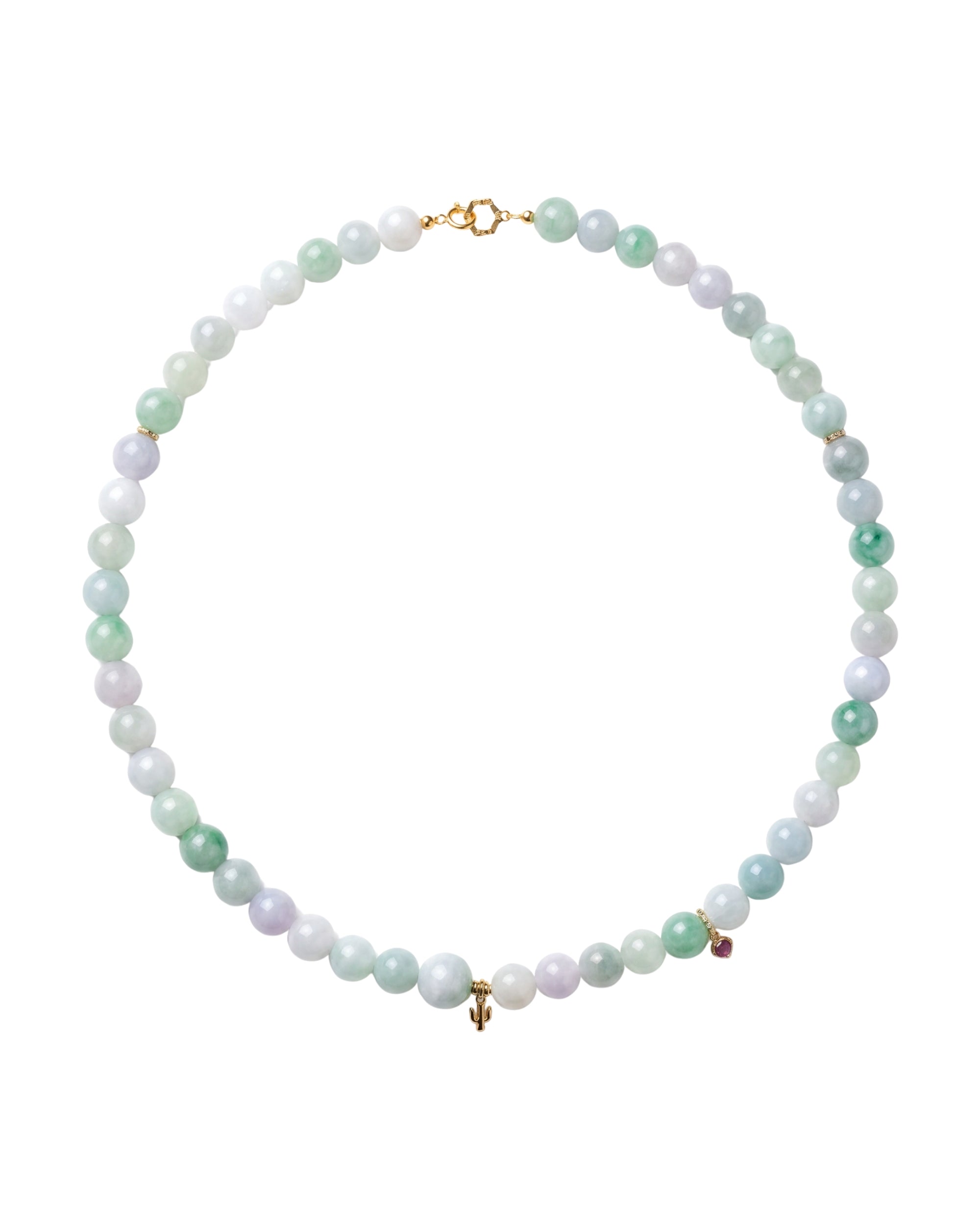 Jade bead necklace with mixed green and off-white jade stones, top view