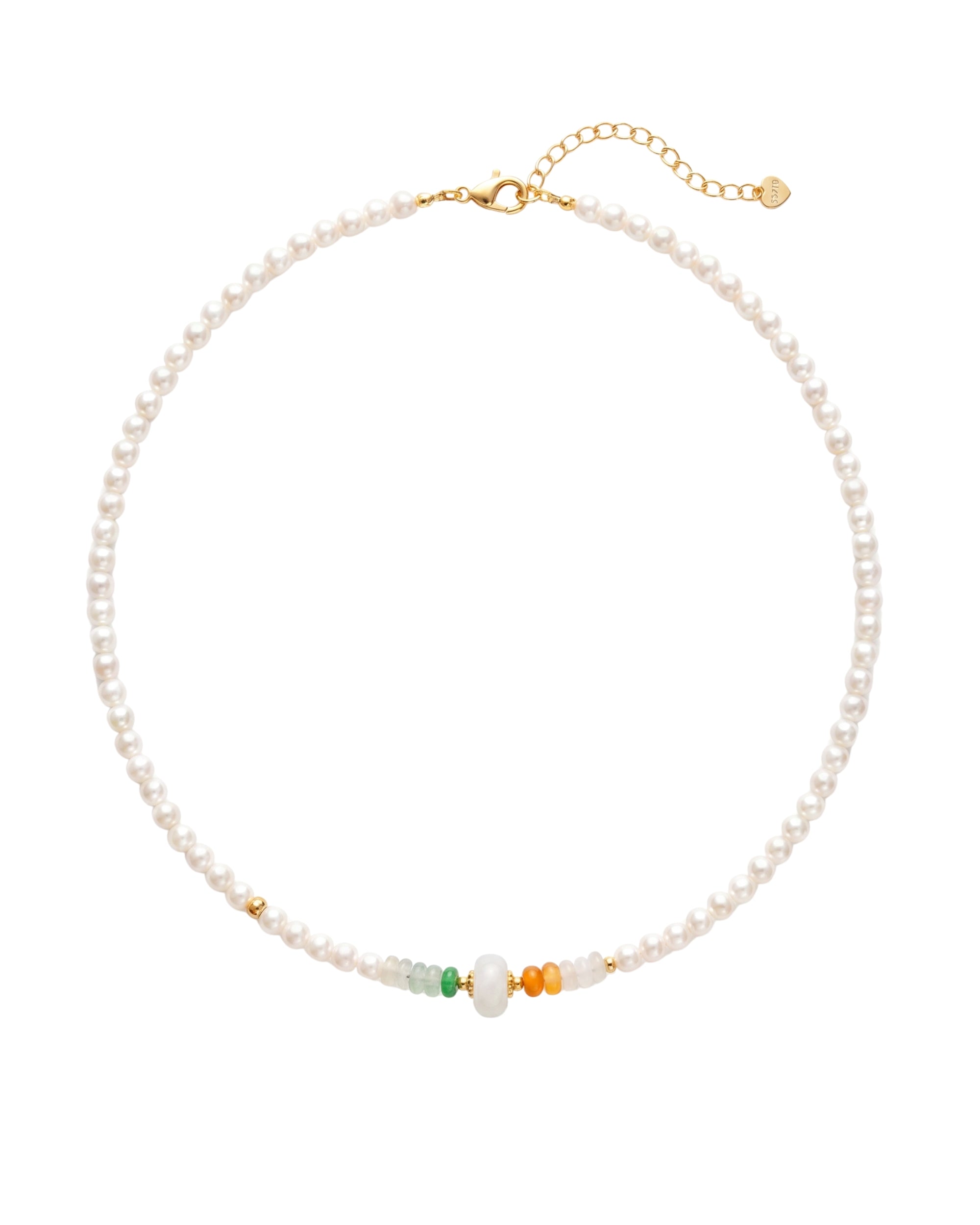 Pearl beaded necklace with gold and green jade beads on a white background