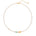 Pearl beaded necklace with gold and green jade beads on a white background