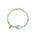Bracelet with white and green jade beads and gold accents on a white background, top view