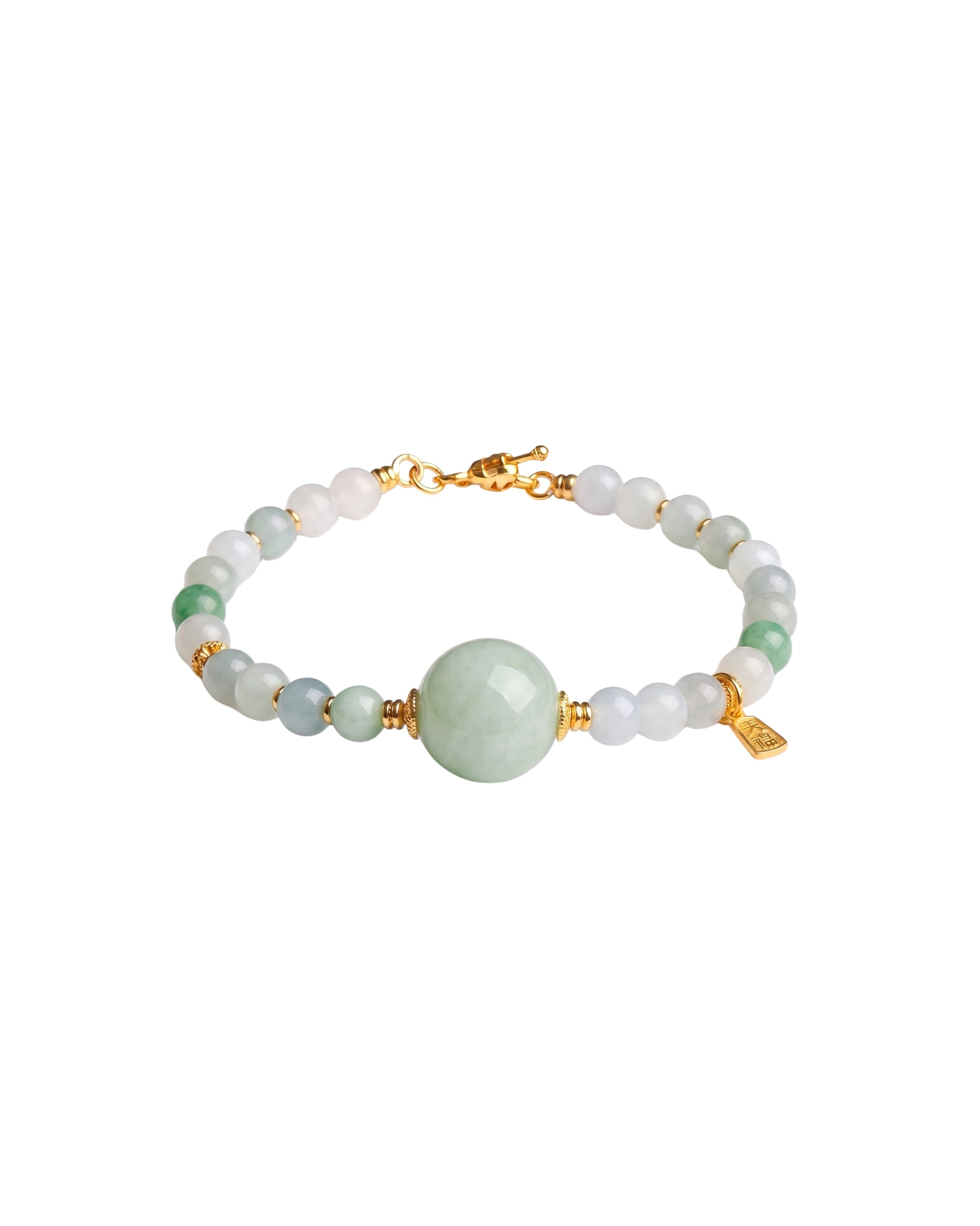 Bracelet with white and green jade beads and gold accents on a white background, front view