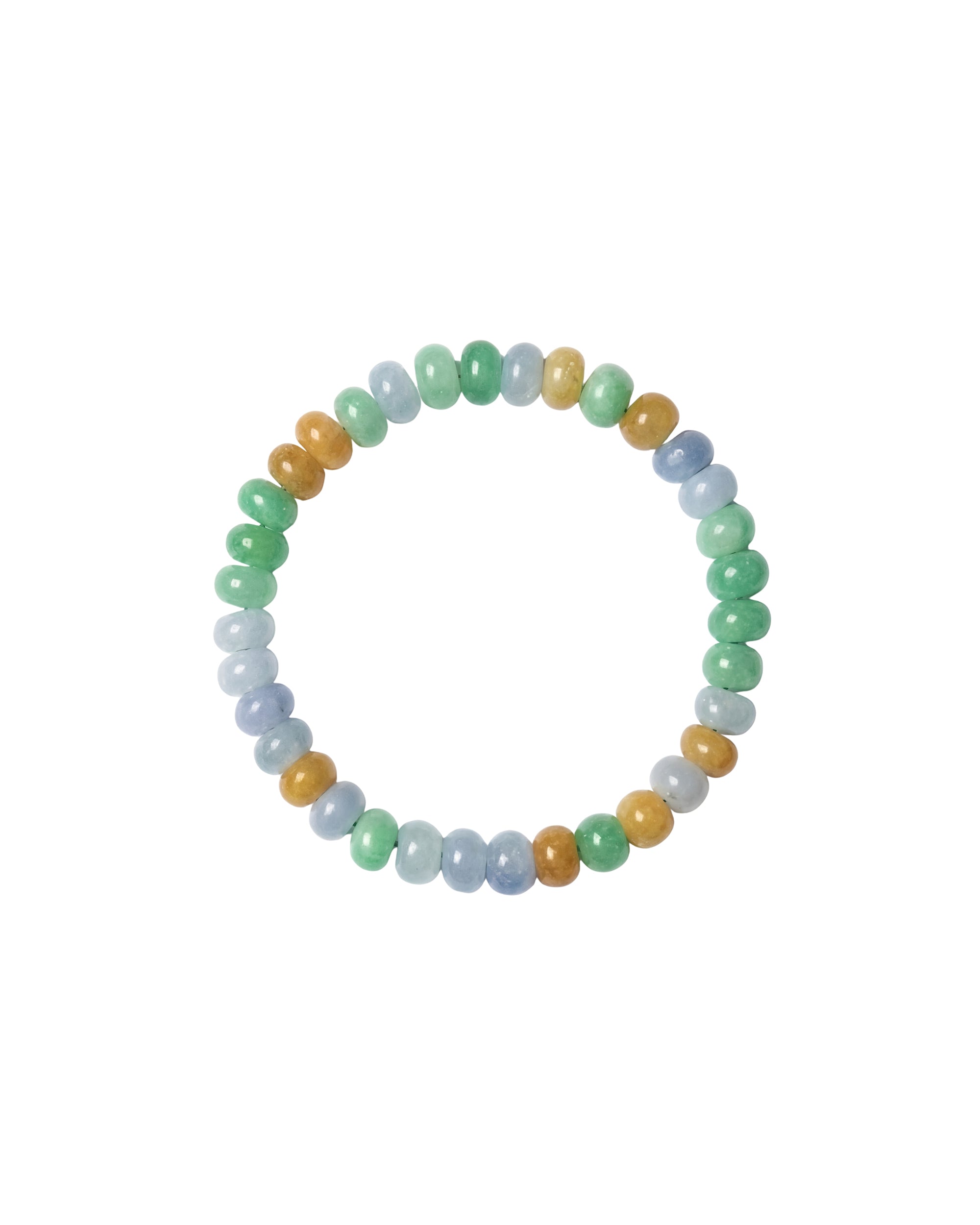 Flatlay shot of a multicolor jadeite bead bracelet featuring lavender, green, and yellow polished jade beads.