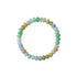 Flatlay shot of a multicolor jadeite bead bracelet featuring lavender, green, and yellow polished jade beads.