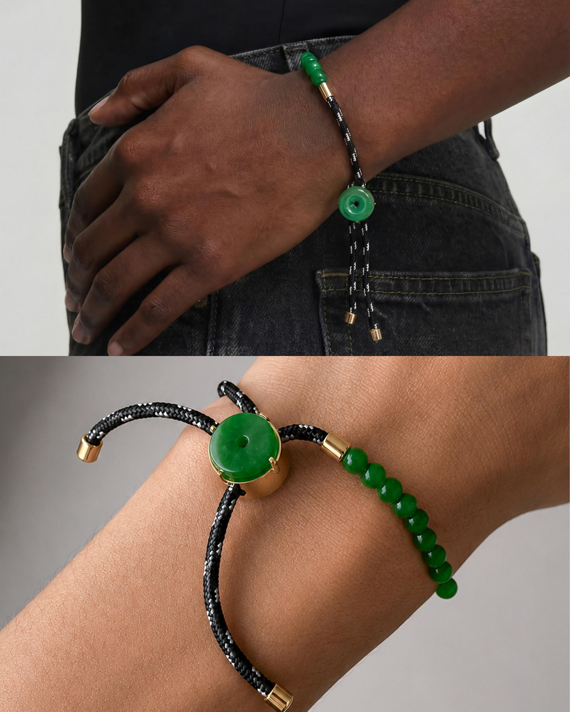 Close-up of a green beaded bracelet with black cord and gold accents on a wrist.