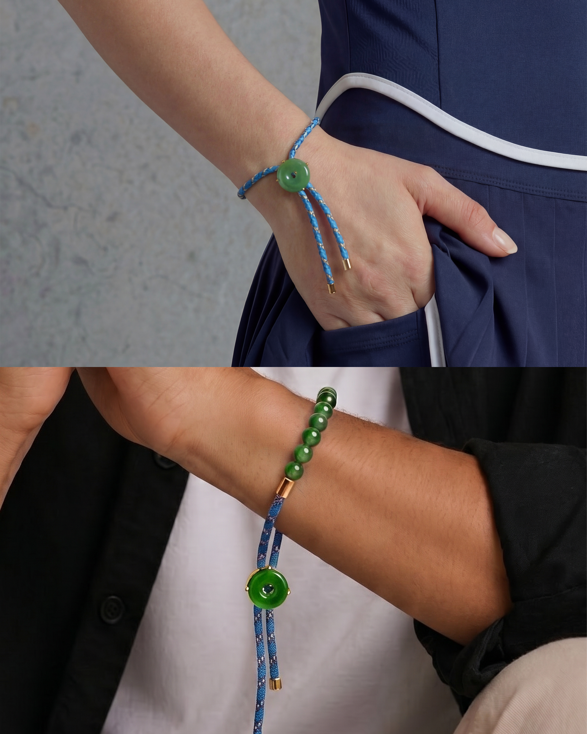 Close-up of a wrist wearing a blue cord bracelet with a green bead jade, against a neutral background.