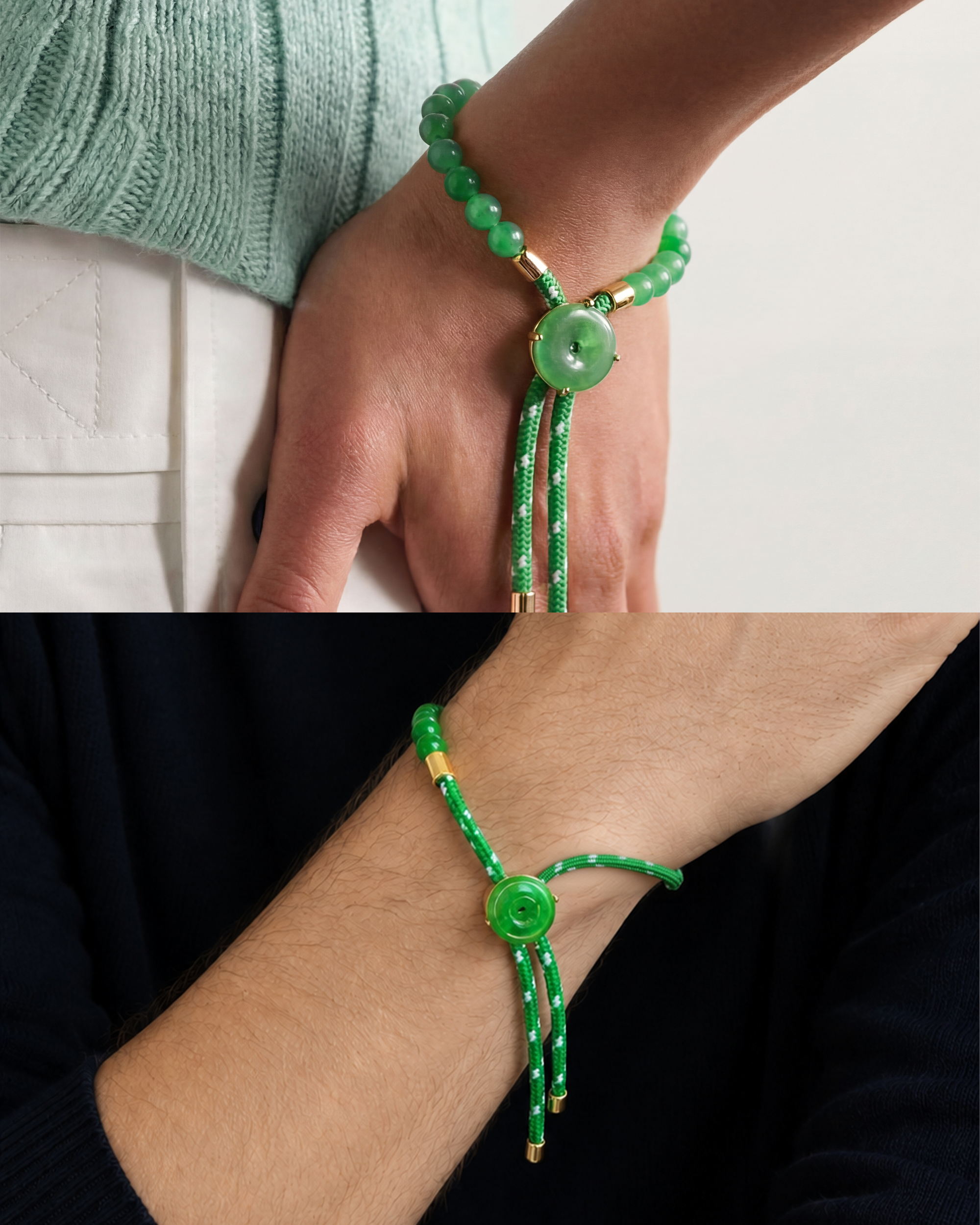 Close-up of a green bracelet with button-like beads on a wrist against a neutral background.