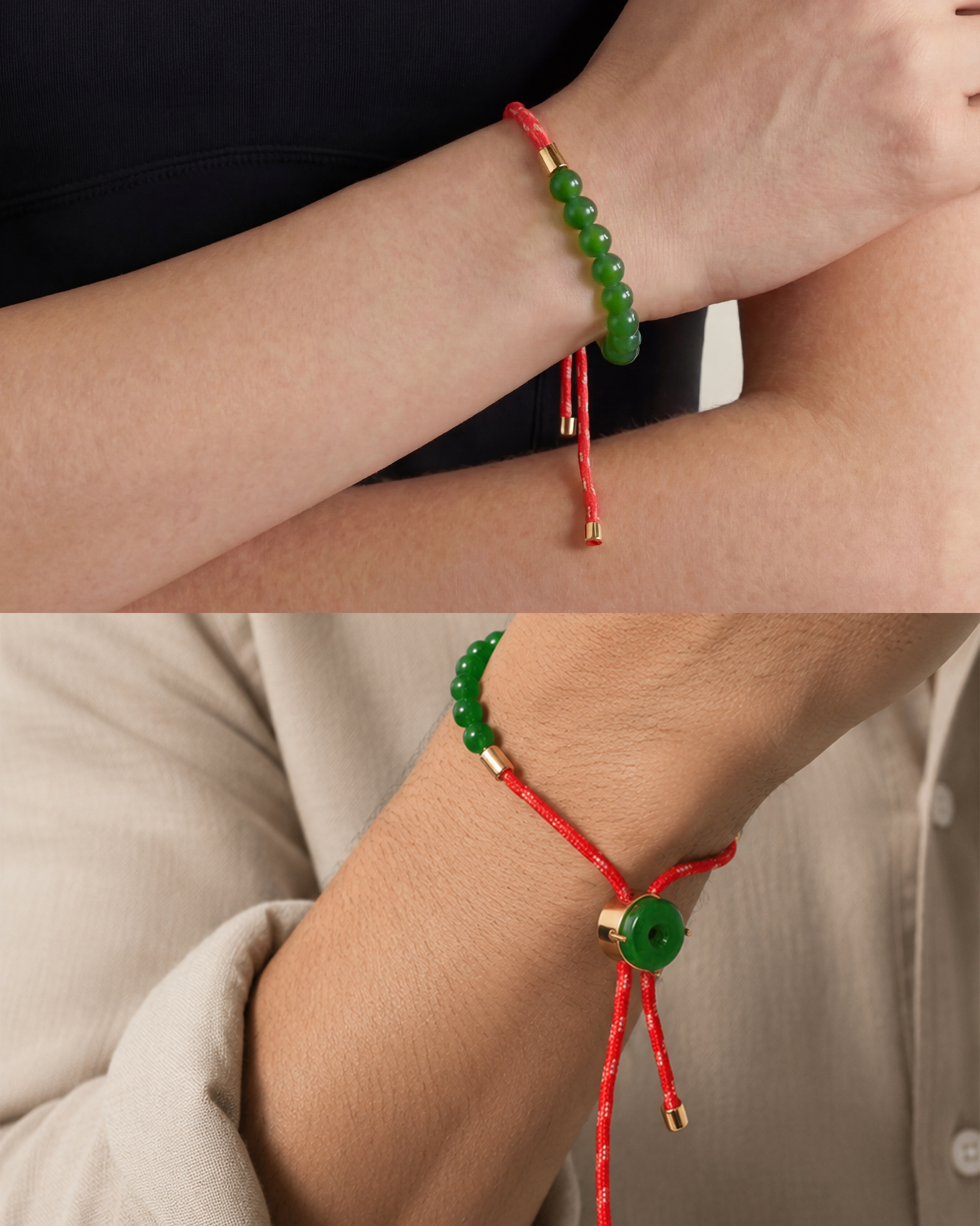Close-up of a wrist wearing a red and green beaded bracelet with gold accents.