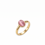 Angled shot of a gold ring with a pink gemstone on a white background