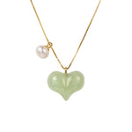 seree - Puffed Heart — Green Jade & Pearl Pendant Necklace