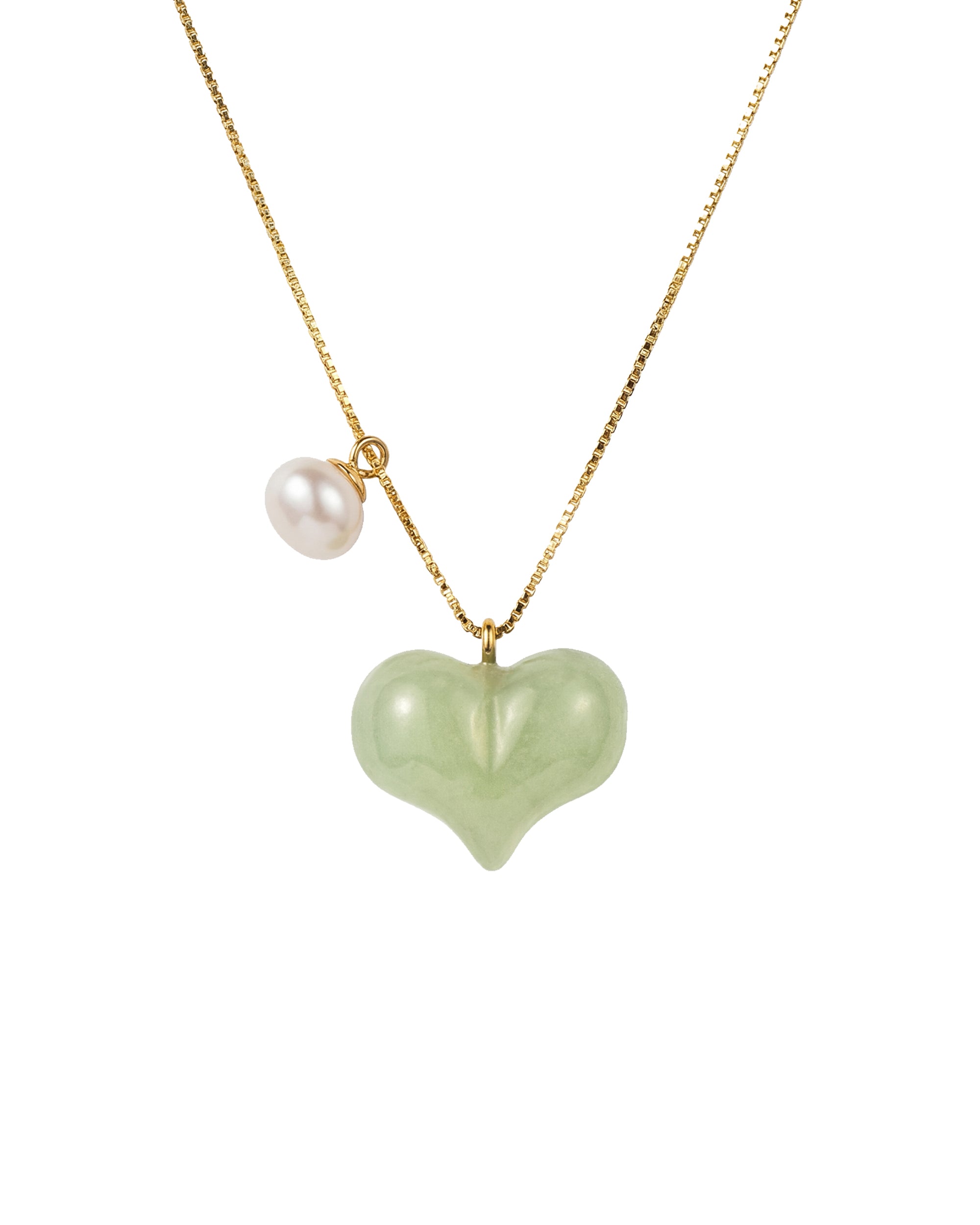 seree - Puffed Heart — Green Jade & Pearl Pendant Necklace