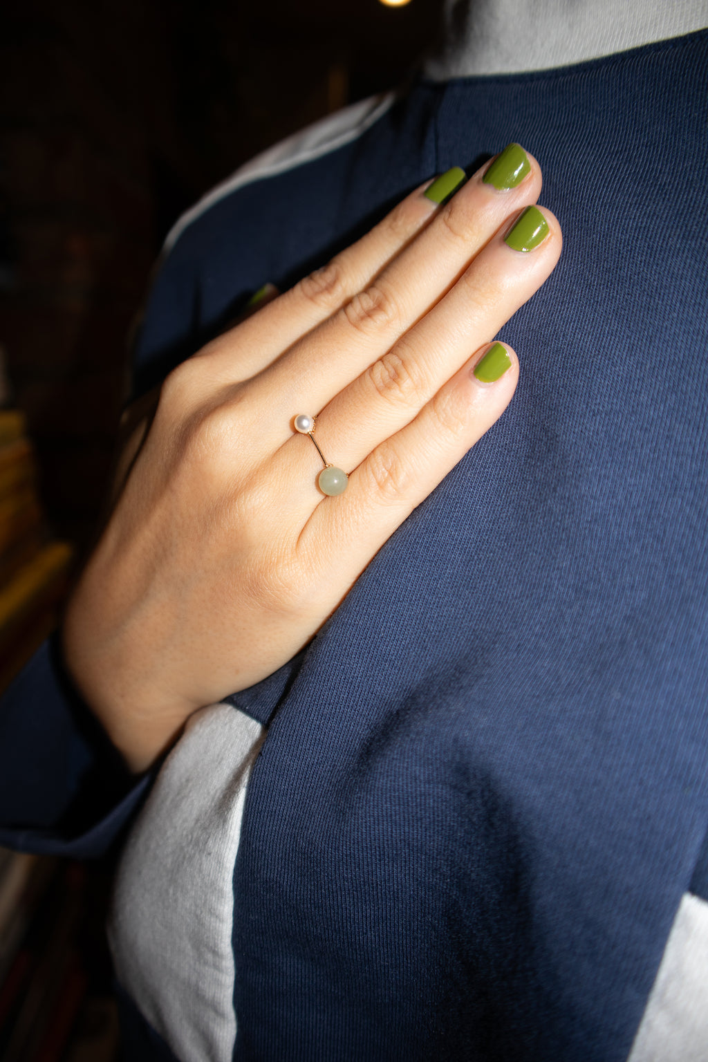 Taylor — Jade and pearl adjustable ring