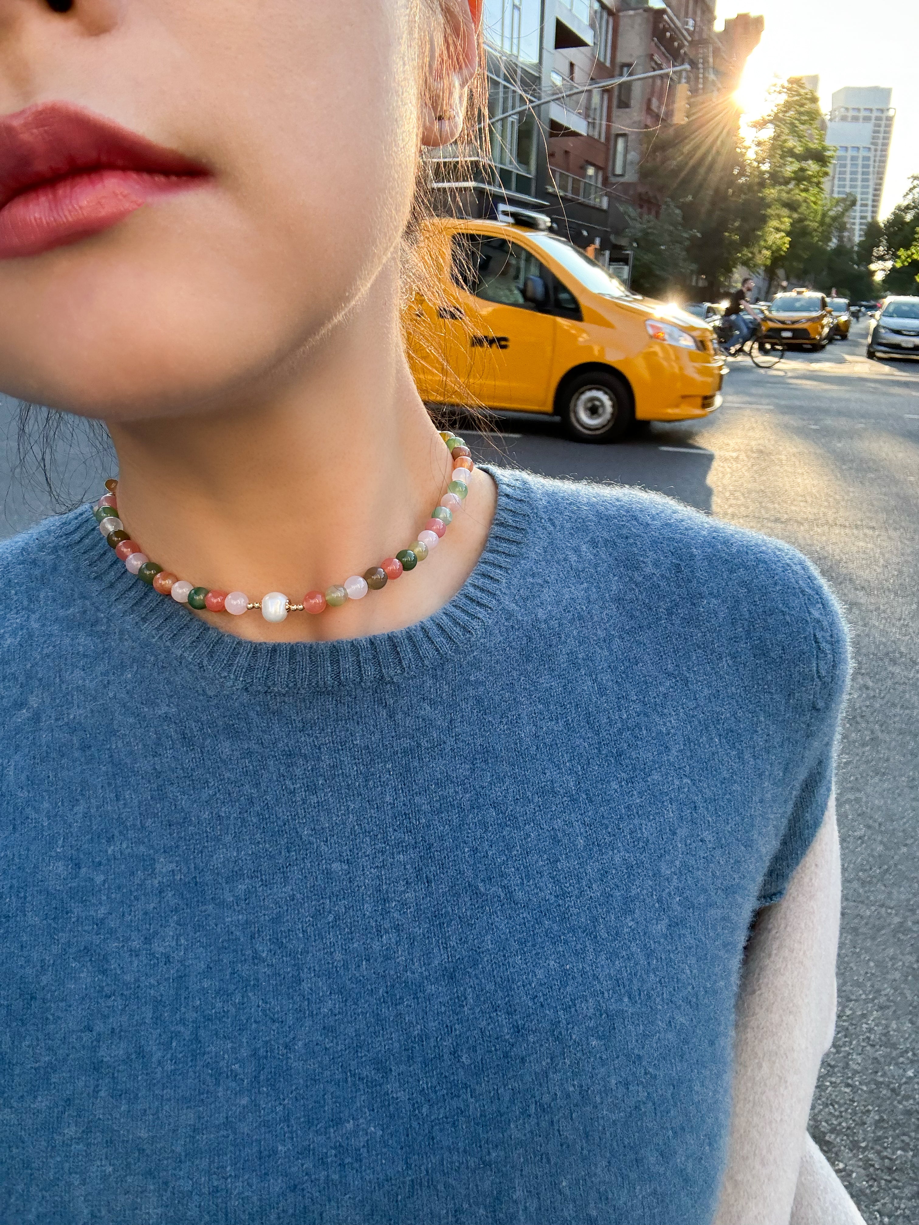 seree - Summer — Beaded Gemstone & Pearl Choker Necklace