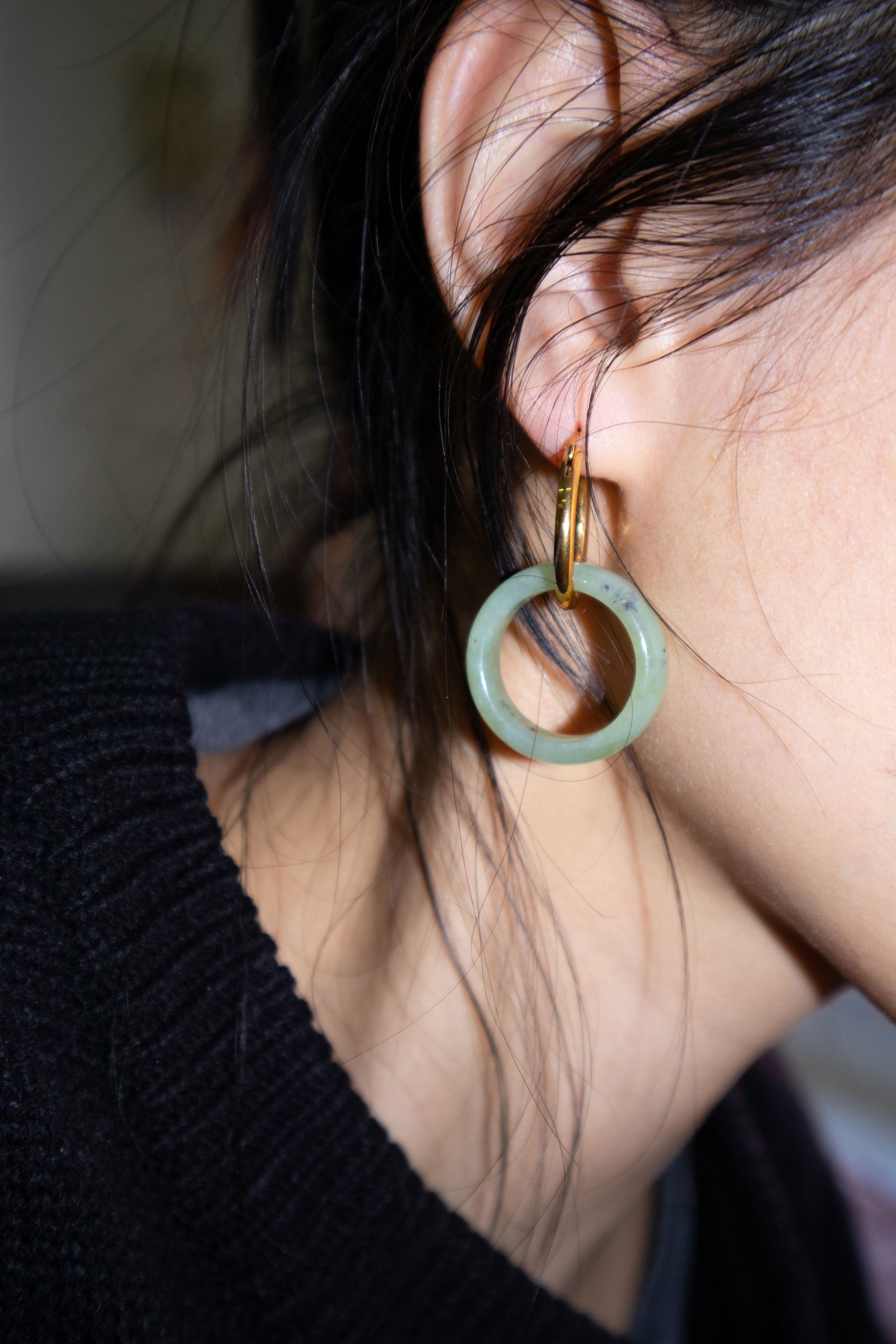 Amelie skinny Green jade stone hoop earrings seree