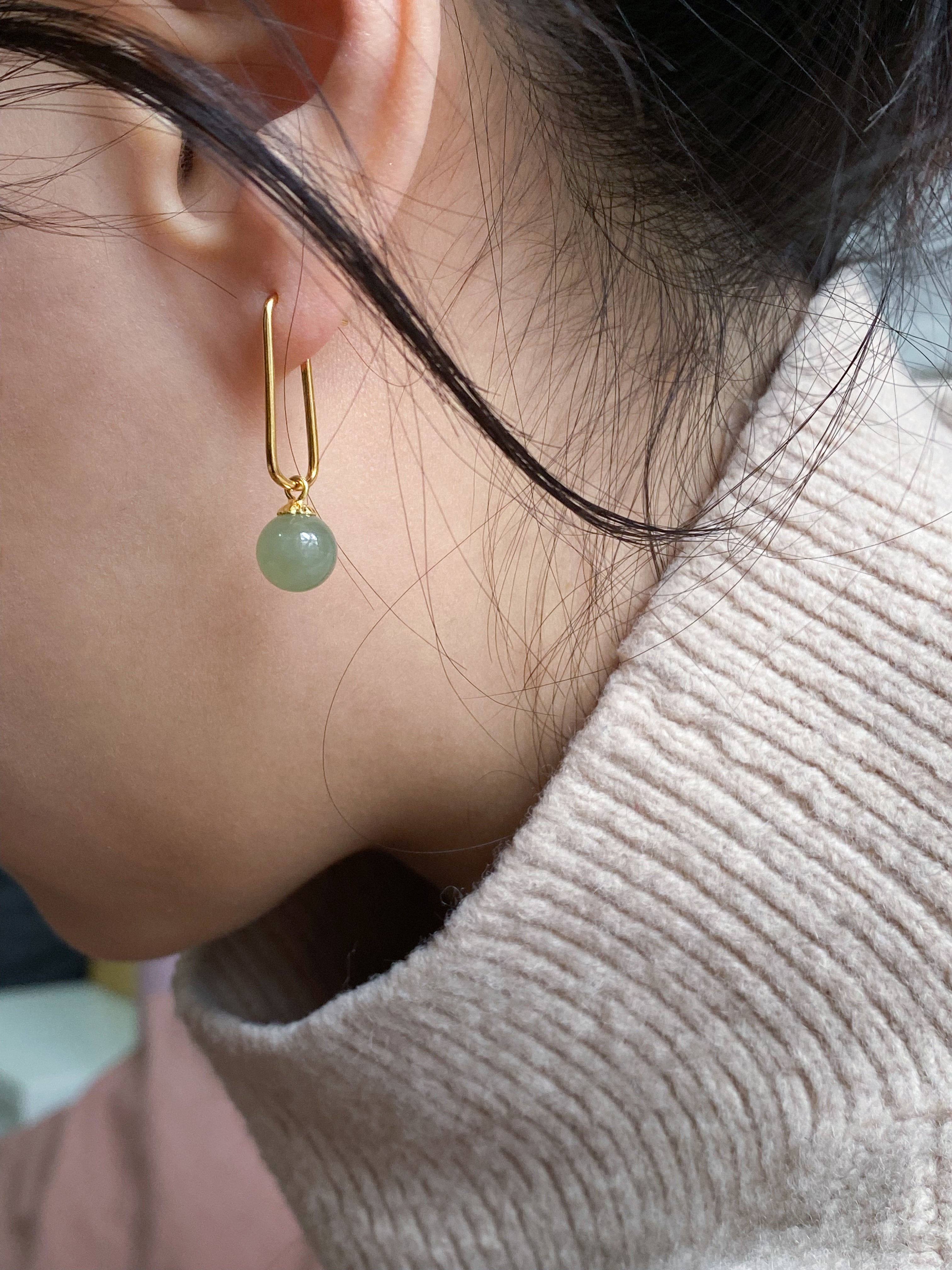 Pin — Green jade bead gold earrings - seree